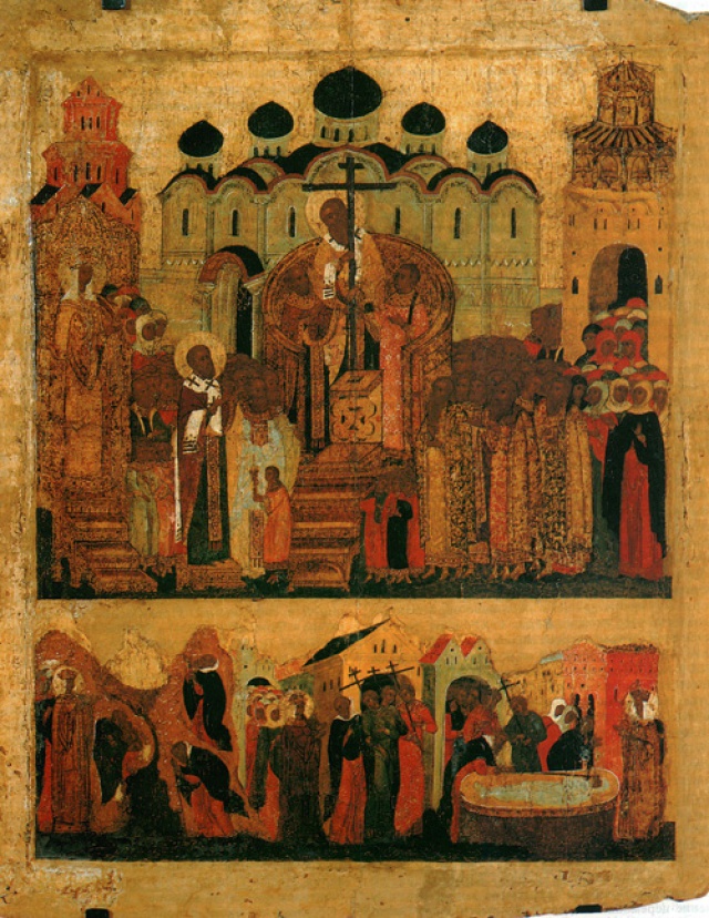 Воздвижение Креста с историей его обретения. Икона. XVI век. Сергиево-Посадский музей-заповедник (Ризница)